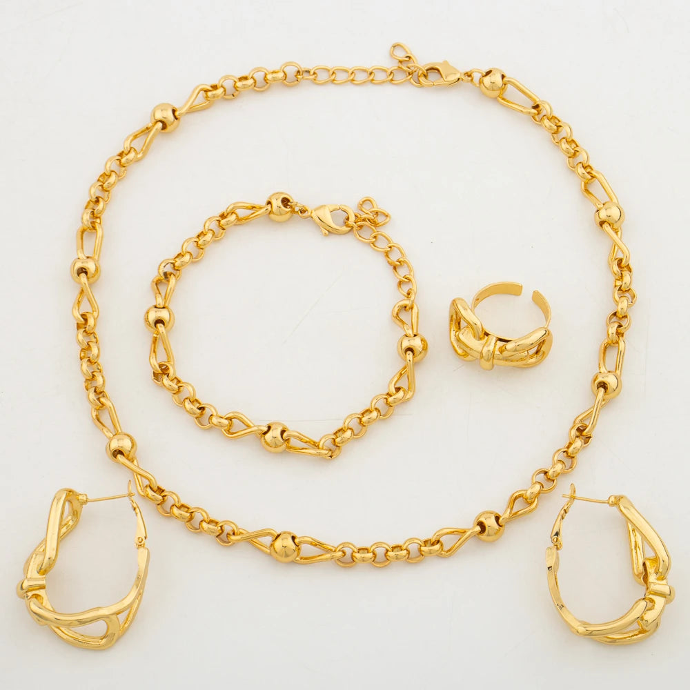 Luxury Gold Color Jewelry Set for Party Chain Necklace and Hoop Earrings African Copper Alloy Design Bracelet Ring Set Jewellery