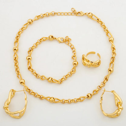 Luxury Gold Color Jewelry Set for Party Chain Necklace and Hoop Earrings African Copper Alloy Design Bracelet Ring Set Jewellery