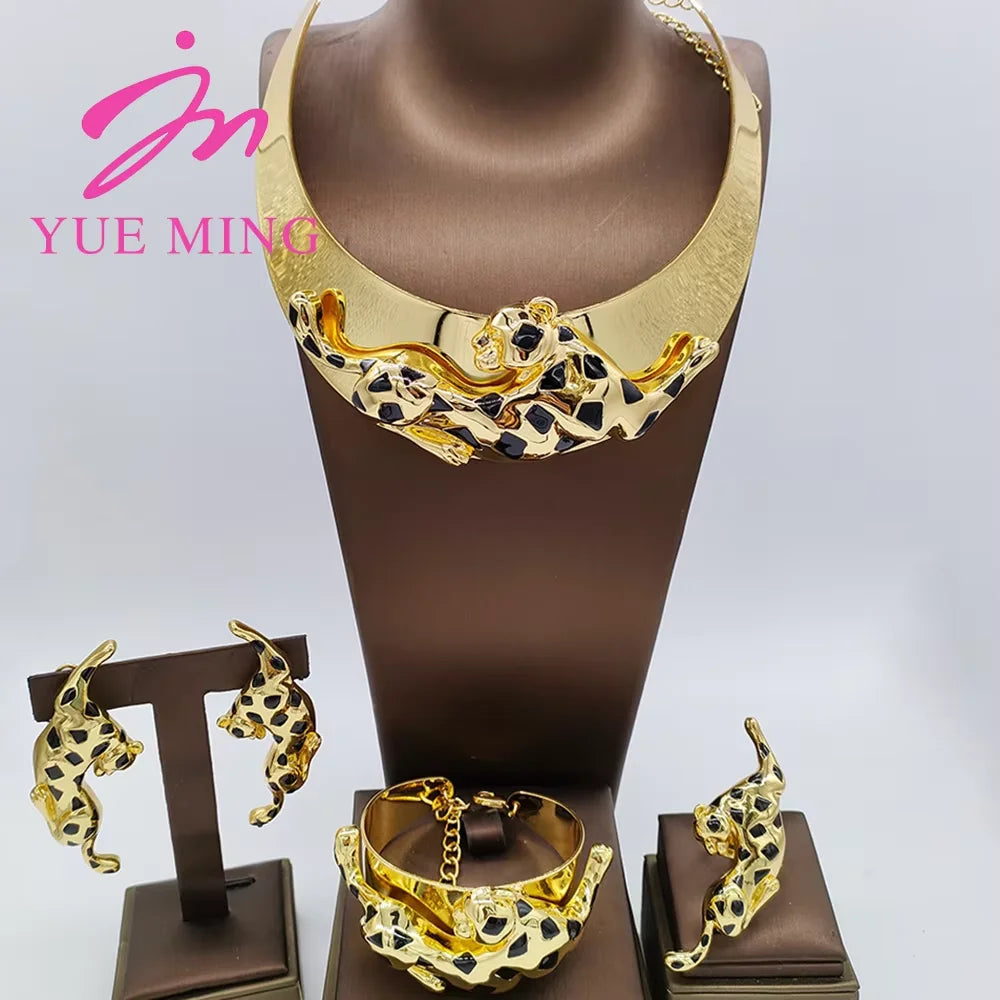 Gold Plated Necklace and earrings set for women Leopard Animal Dangle Earrings Bracelet Ring Banquet Party Fashion Jewellery