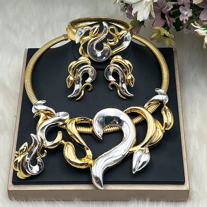 Luxury Jewelry Sets For Women Gold Color Earrings Choker Necklace Flame Bangle Ring For Wedding Set America Party Accessories