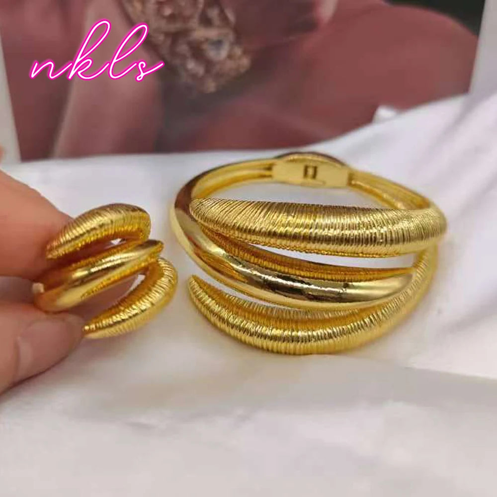 Dubai Copper Bracelet and Ring Set for Women, Tone Exquisite Jewelry Gift, Luxury Bangle Ensemble