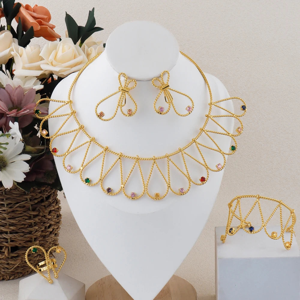 Fashion Design Jewelry Women Set Dubai Gold Earrings Necklace Colorful Zircon Bracelet Ring Set Jewelry Wedding Party Favors