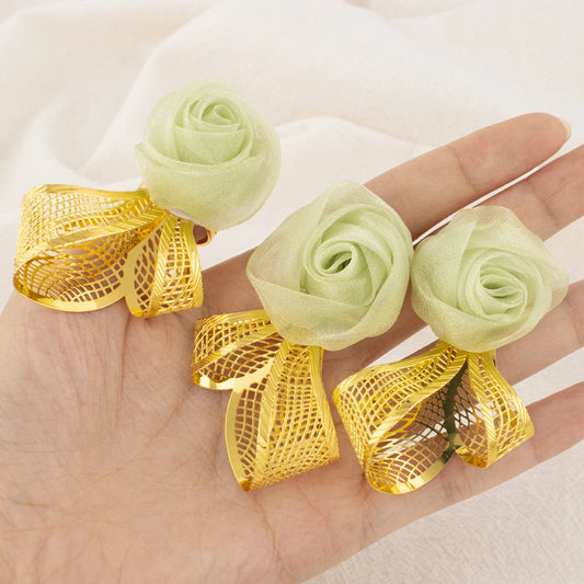 Woman Luxuury Earrings Ring Set Green Rose Shape Jewelry Set Trend Earrings Plated Ring Apply to Party Wedding Banquet