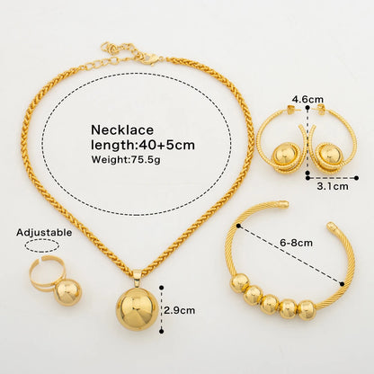 Round Beads Jewelry Sets for Women Trendy Necklace Geometry Earrings Gold Plated Charm Bracelet Ring Fashion Jewellery for Party