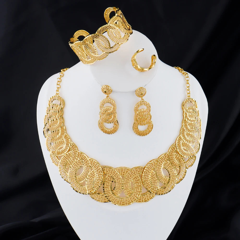 Gold color accessories luxury necklace bracelet ring earrings jewelry set women 18k gold plated dubai jewelry set Exquisite gift