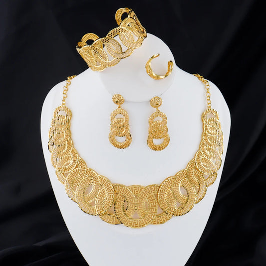 Gold color accessories luxury necklace bracelet ring earrings jewelry set women 18k gold plated dubai jewelry set Exquisite gift