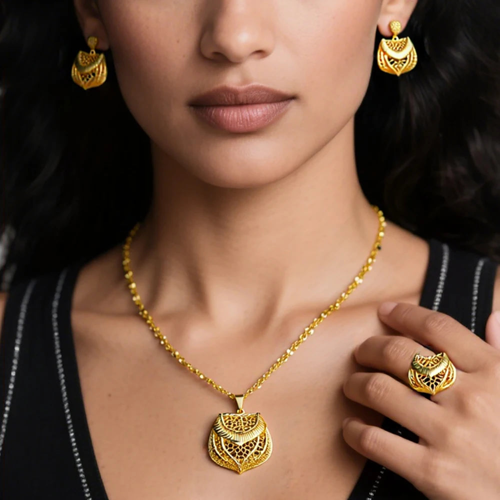 Fashion Dubai Jewelry Sets Gold Color Pendant Earrings Necklace Rings For Women Daily Wear Party Anniversary Gifts