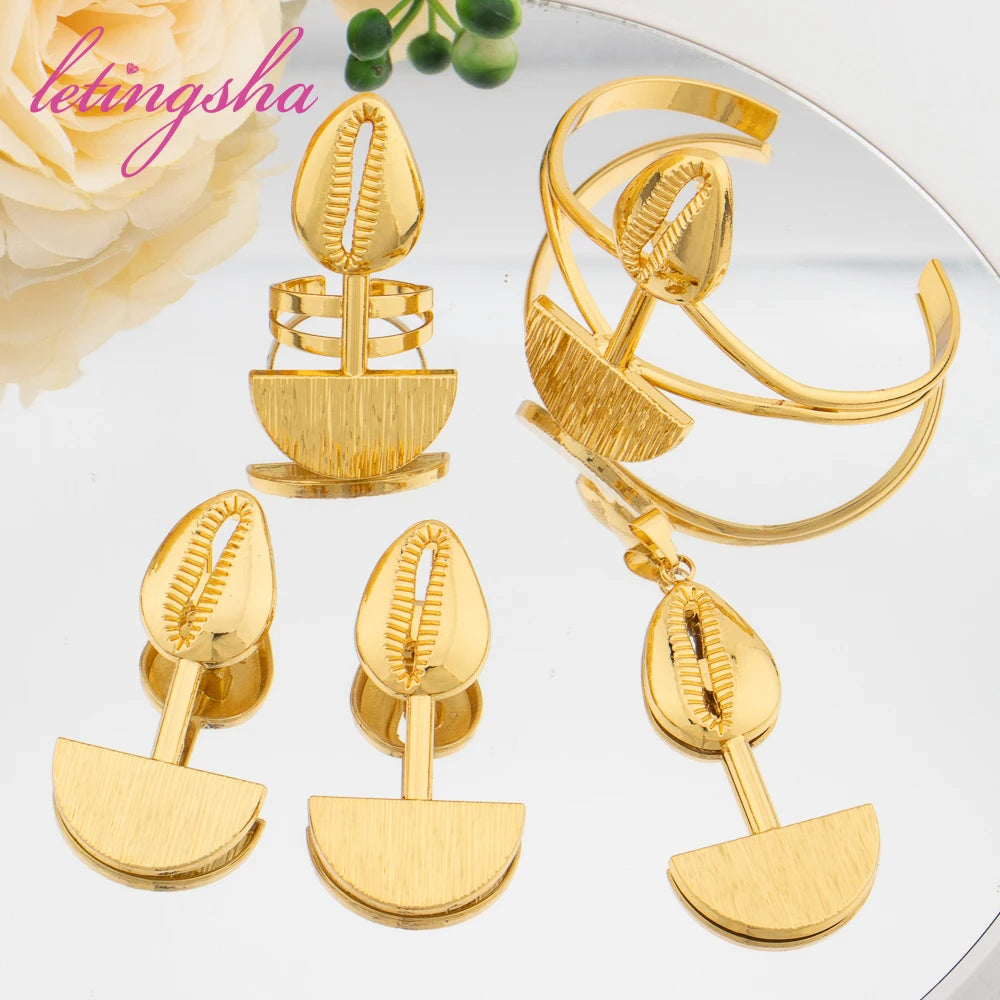 Dubai Gold Color Pendant Earrings Bangle Rings Fashion Elegant Jewelry Sets for Women Luxury Women's Jewellery Italy Fashion Set