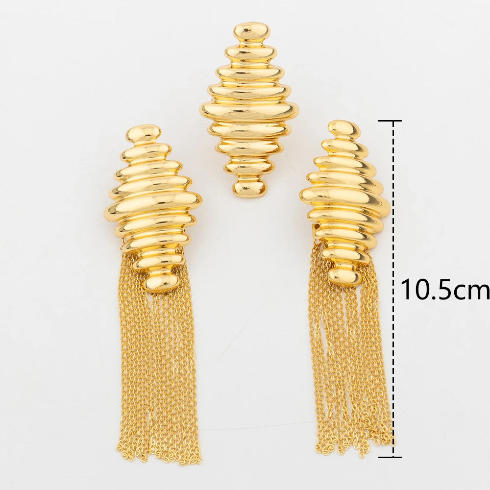 YM 18k Gold Plated Jewelry for Nightclub Queen Fashion Luxury Bridal Wedding Jewellery Accessory Long Tassel Earrings Rings Set