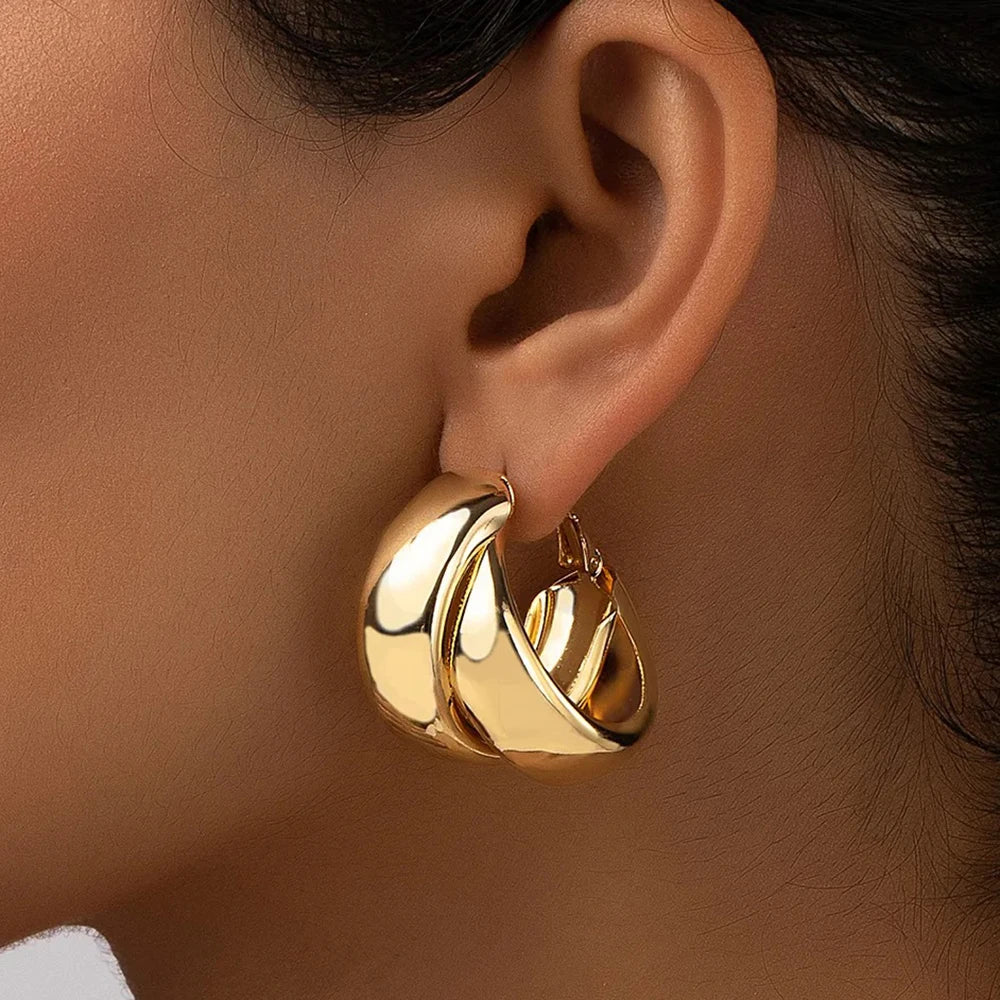 Fashion Glossy Stainless Steel Earrings Vintage Double Layered Circle Exaggerated Earrings for Women Gold Plated Earring