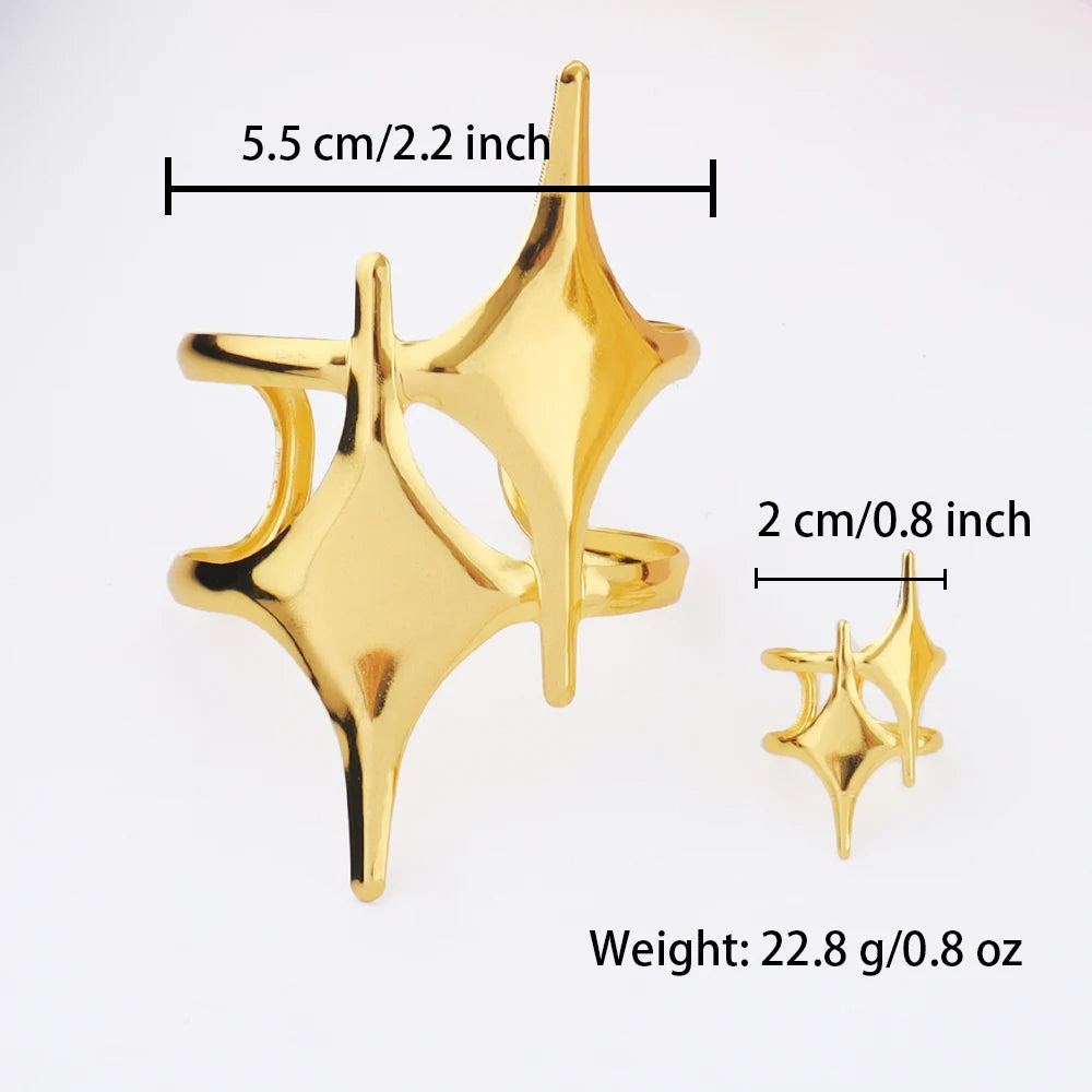 Punk Gold Stainless Steel Star Open Ring & Bracelet Set Unisex Hip-Hop Fashion Jewelry Gift for Women Men Adjustable Stackable S