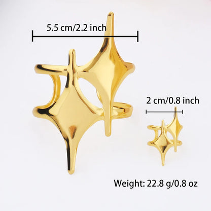 Punk Gold Stainless Steel Star Open Ring & Bracelet Set Unisex Hip-Hop Fashion Jewelry Gift for Women Men Adjustable Stackable S