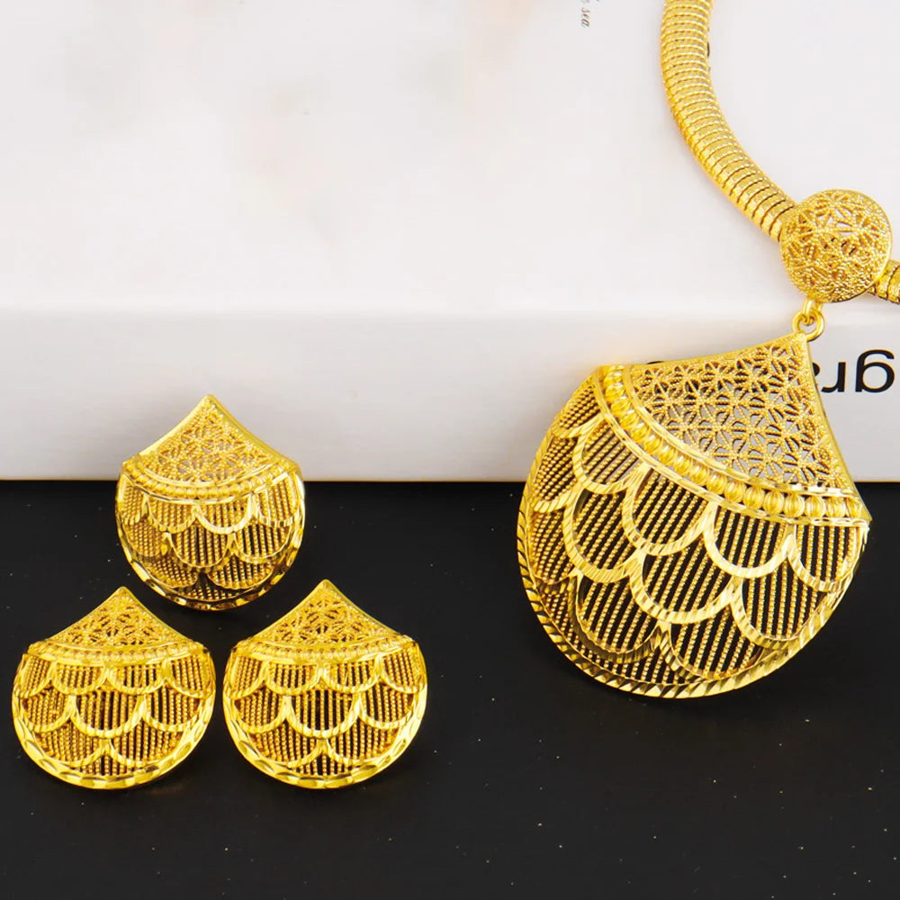 Gold plated Jewelry Set India Dubai Jewelry Gold Geometry Necklace Earrings Ring  for Nigerian Wedding Bridal Holiday Gift