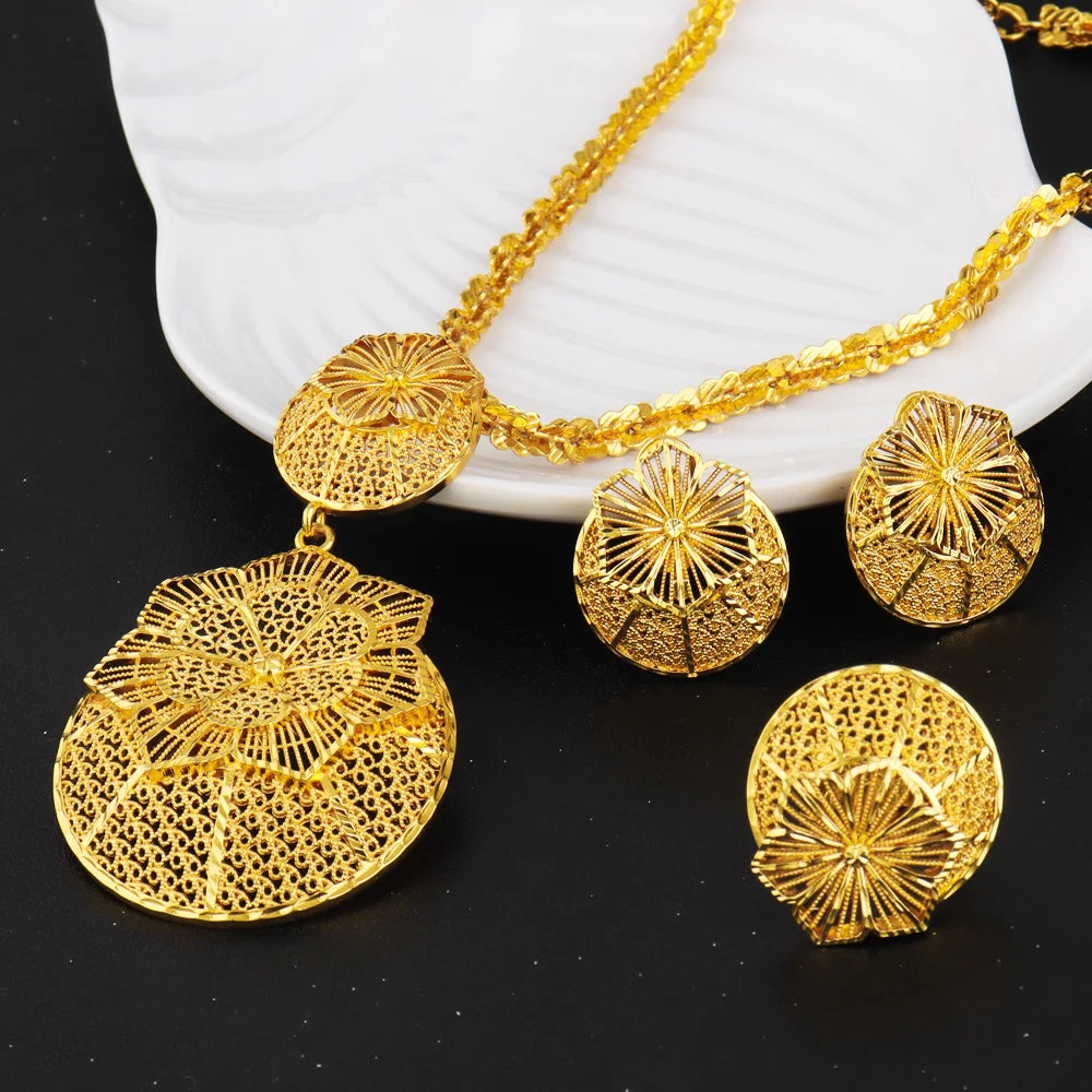 Delicate gold-tone floral necklace & drop earrings set, Indian-inspired filigree, lightweight alloy, Dubai chic for party evenin
