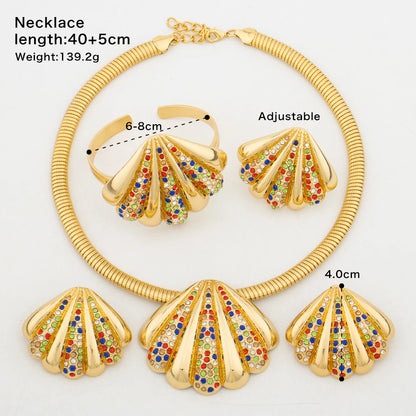 Nigerian Woman Jewelry Set Shell Design Fashion Luxury Necklace Micro Inlaid Crystal Earrings Gold Plated Charm Bracelet Ring