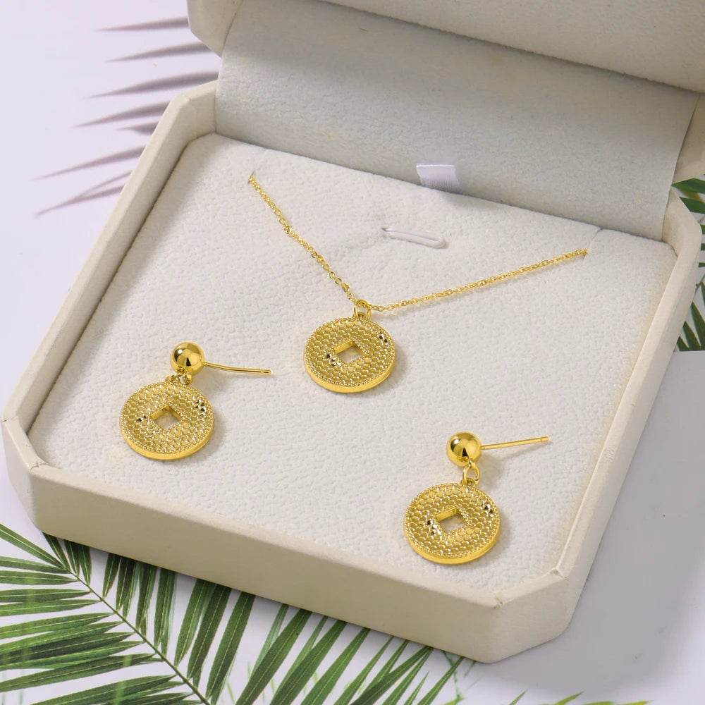Color Women Earrings Clavicle Chain Set Gold Plated Coin Shape Pendant Delicacy Jewelry Set Fot Party Wedding Birthday Gift