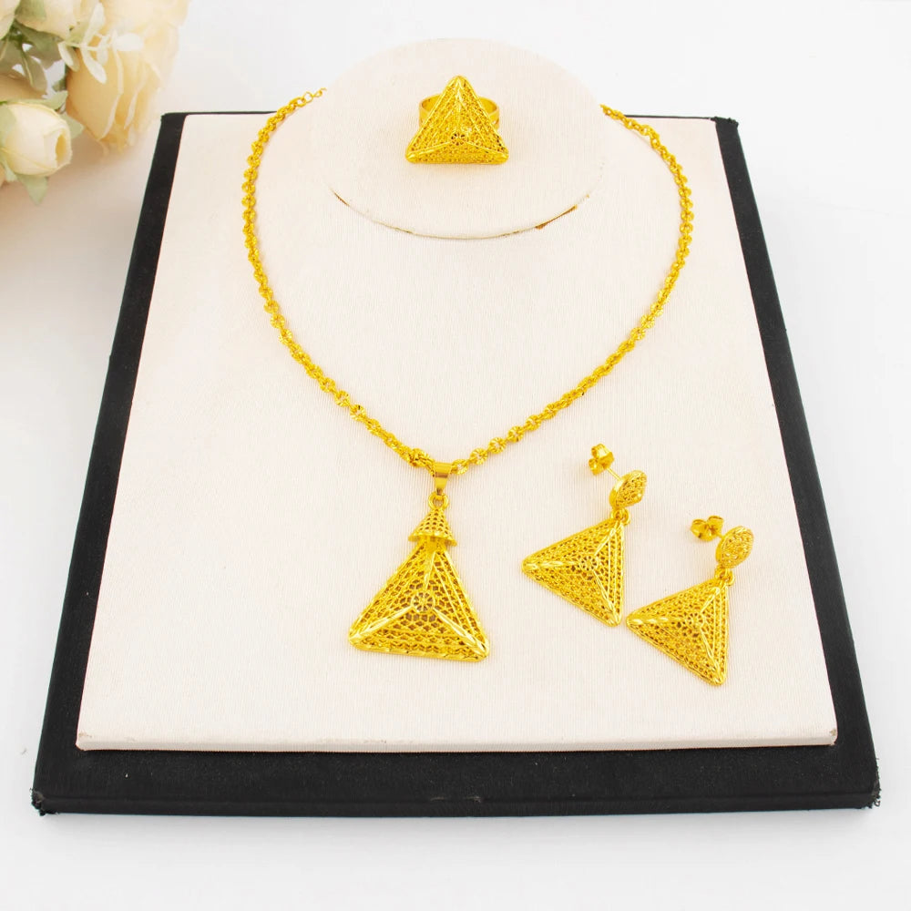 Luxury Arabic Gold Wedding Jewelry Set Gold Plated Dubai Bridal Necklace Earrings Ring Nigeria Women Vintage Jewelrys Gift
