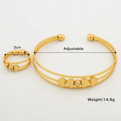 18k Gold Color Bangle Ring Set for Bride African Women Beads Design Hollow Out Bangle Ring Set for Engagement Bracelet Gifts