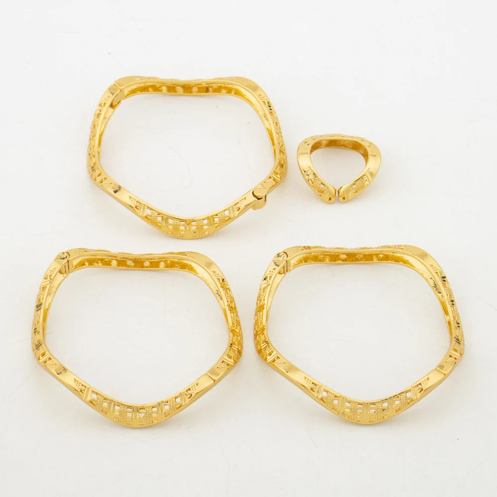 3Pcs/lot Bangles with Ring Jewelry Set for Party African Gold Color Hand Bracelet Cocktail Ring 2Pcs Set for Engagement Party