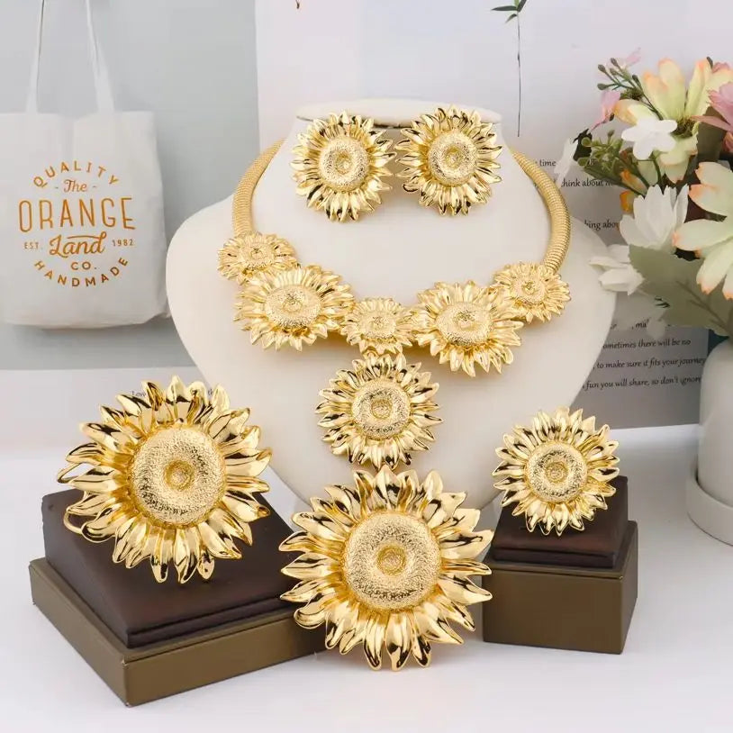 African Sunflower 4Pcs Jewelry Set: Vintage Necklace, Earrings, Bangle & Ring Gift for Women, Party Fashion Jewelry Set