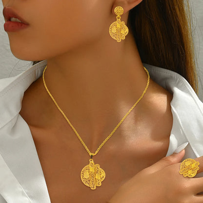 Mid East plated 3pcs Jewelry Set For Women India Dubai Jewelry Geometry Earrings Necklace Ring Set Apply for Party Wedding
