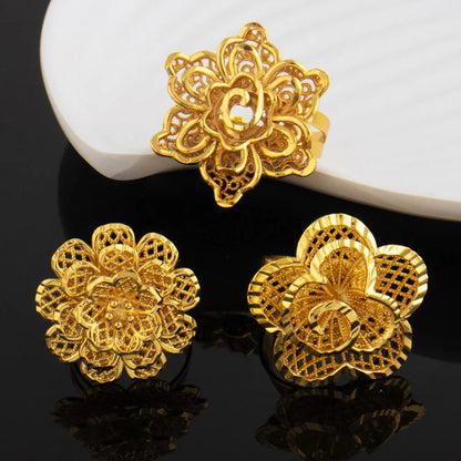 Ethiopia Dubai Flower Gold Color Arab Rings Resizable For Women 18K Gold Plated Wedding Jewelry African Party Gift