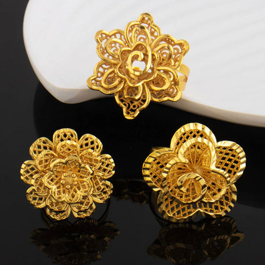 Ethiopia Dubai Flower Gold Color Arab Rings Resizable For Women 18K Gold Plated Wedding Jewelry African Party Gift