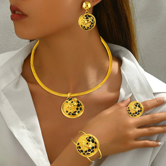 Dubai Luxury Gold Plated Leopard Shape Necklace Earrings Bracelet Ring Set for Women Men Gold Color Mighty Design Jewelry Gift