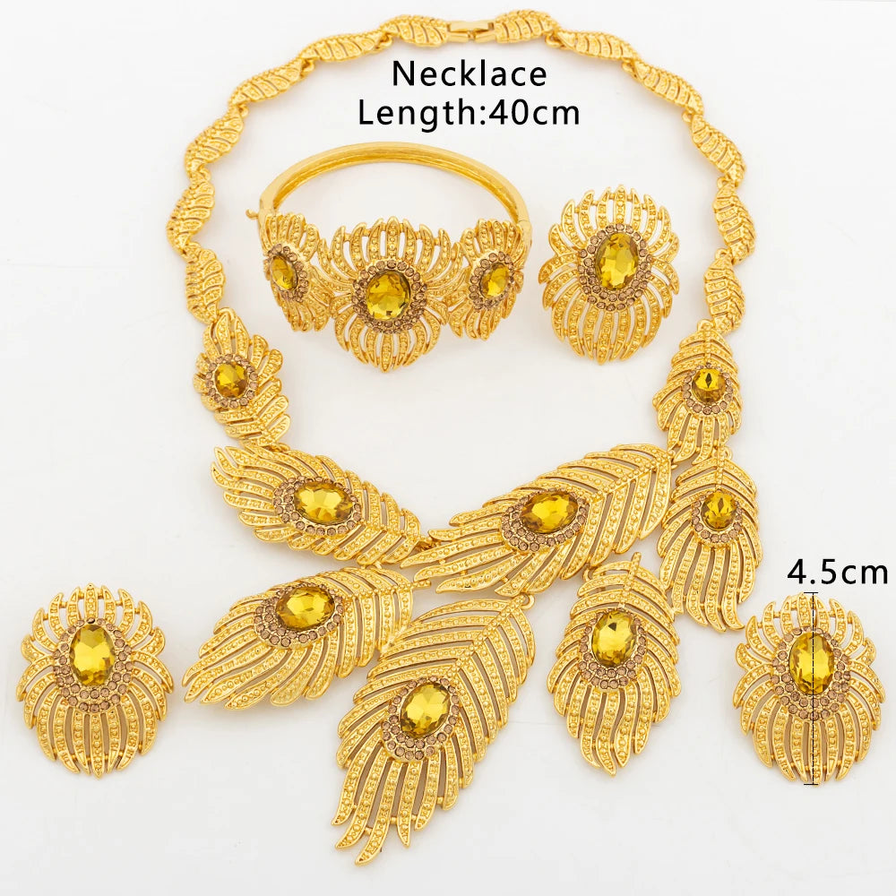 Italy Gold Color Jewelry Set Dubai Women Angel Feather Zircon Necklace Earrings Exaggerate Design Pendant Large Jewelry Bangle