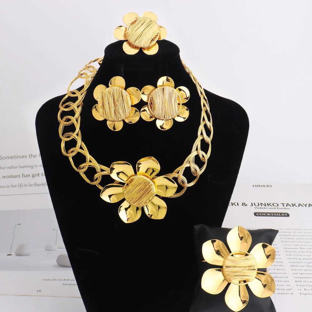4pcs-Tone Flower Jewelry Set Necklace Earrings Ring Bracelet for Women Wedding Party Earring Set Chic Jewellery Woman Gift