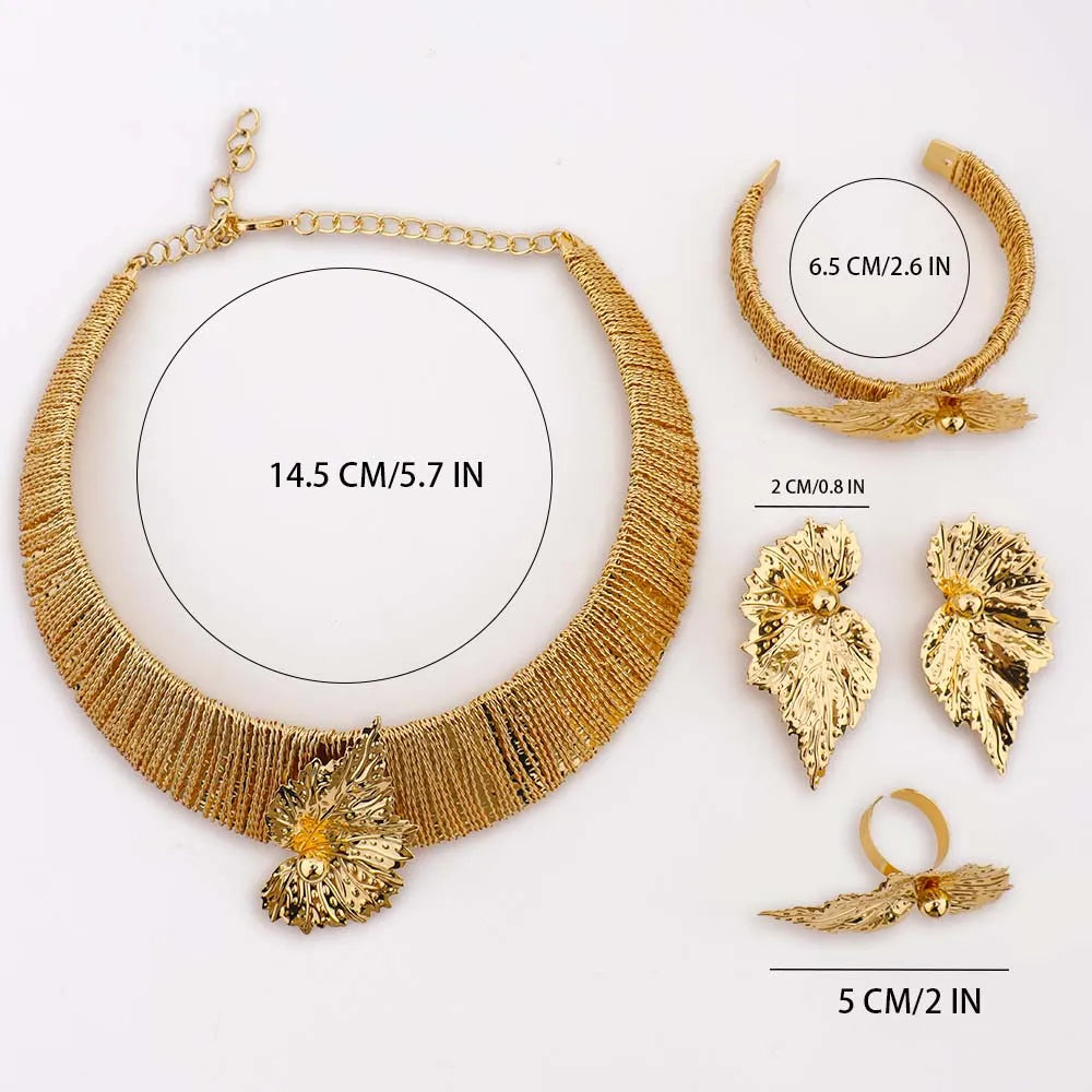 Gold Plated 4PCS Women Jewelry Set Luxury Leaf Shape Earrings Thick Collar Necklace Beautiful Bangle Ring For Wedding Party Gift