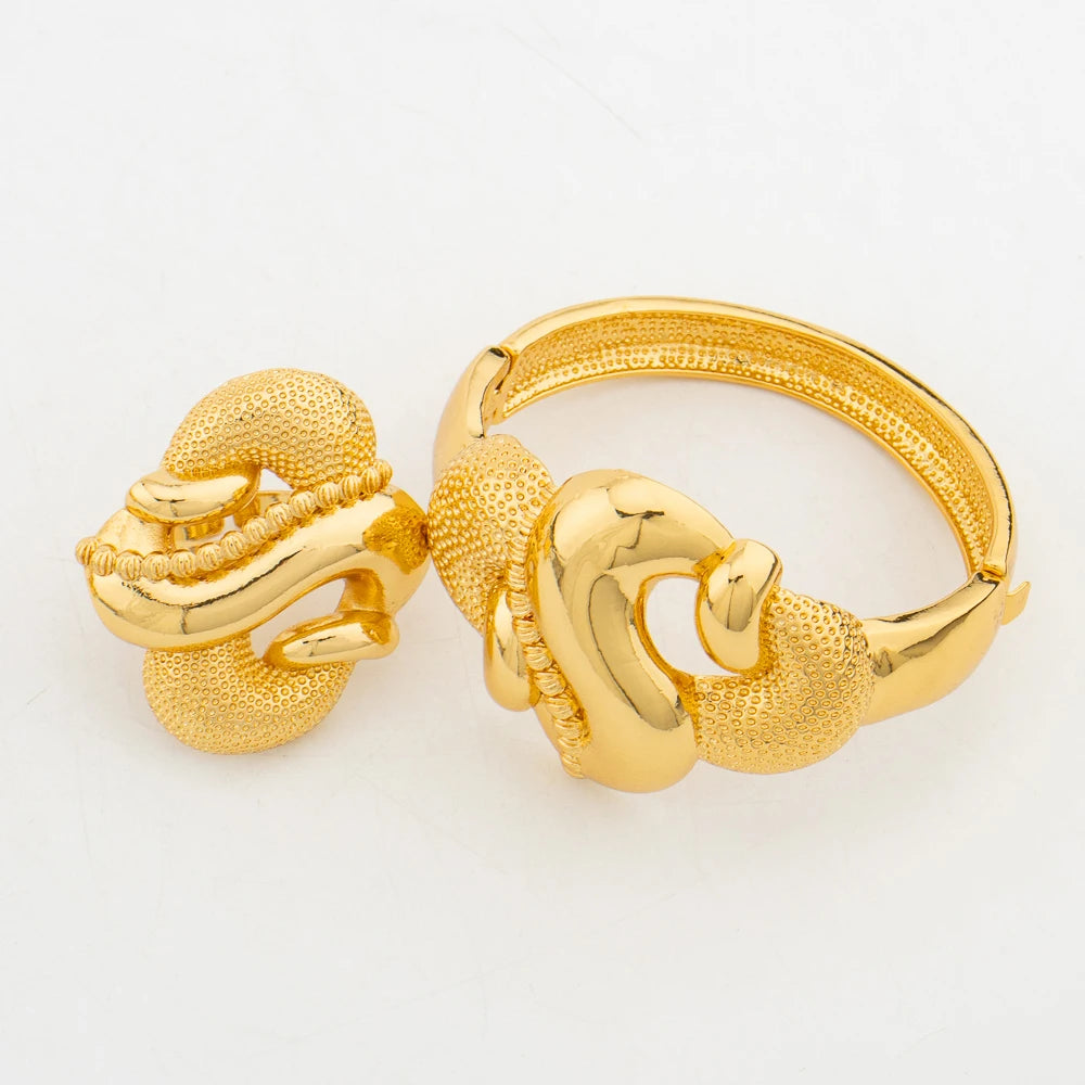 Dubai Gold Color Jewelry Set for Women Large Size Flower Pendant Necklace and Earrings Hollow Out Bangle Ring Set Bride African