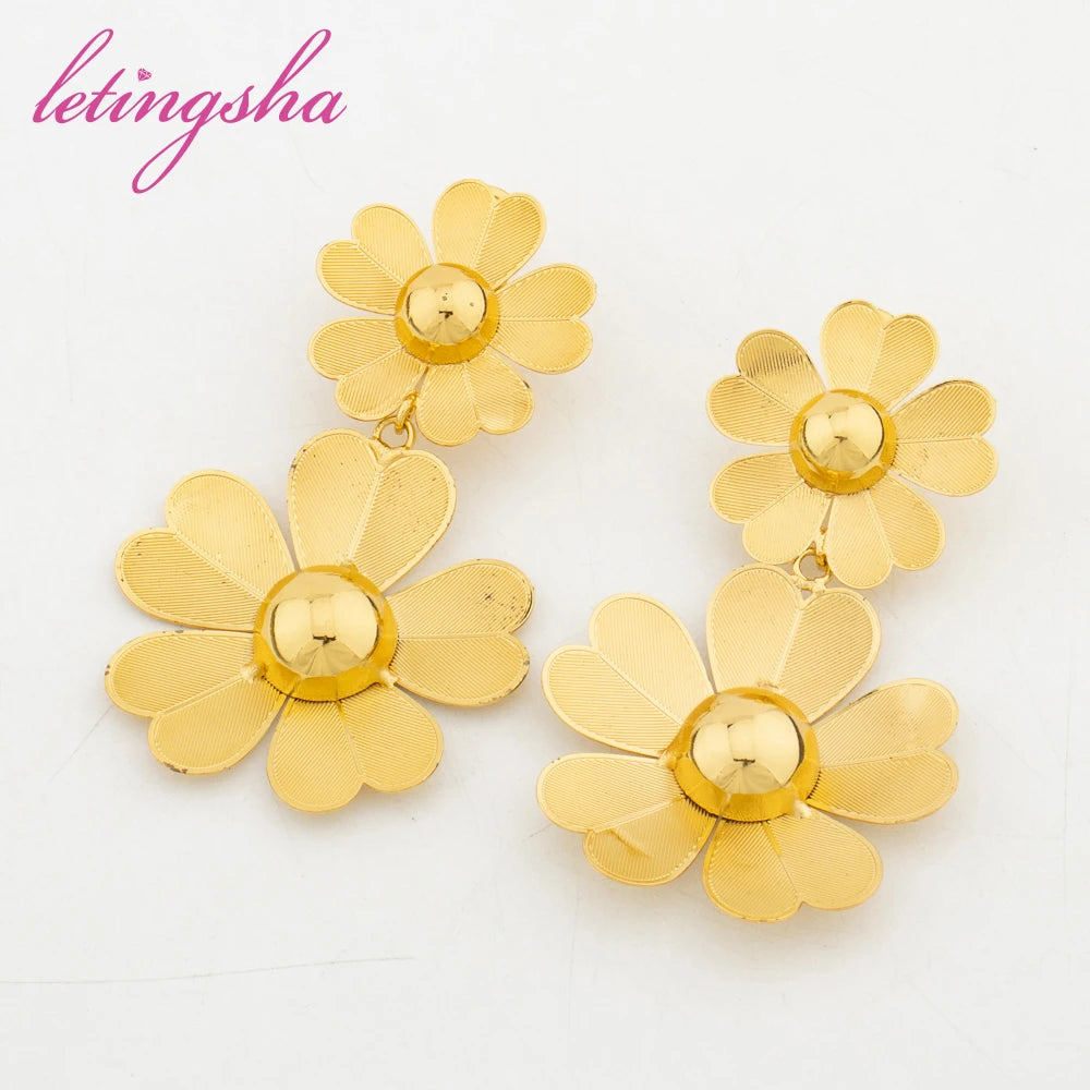 Luxury Gold Color Jewelry Set for Women African Classic Big Flower Necklace Earrings Bangle Ring Set Dubai Jewelry Daily Party