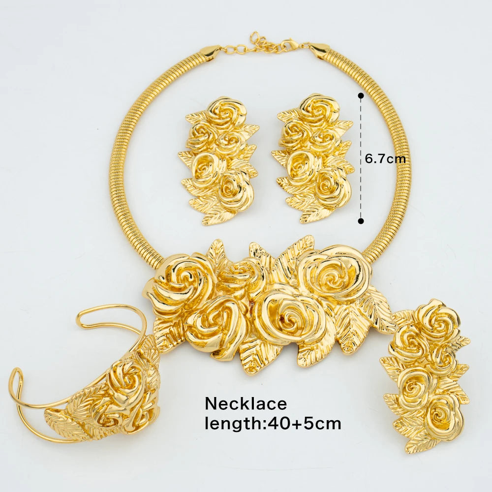 Dubai Gold Plated Jewelry Set Exaggerate Rose Pendant and Earrings Large Necklace Weddings Bridal Jewelry Set Gifts for Women