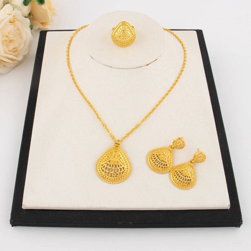 YM Gold-plated Women Jewelry Set India Dubai Earrings Ring Necklace Nigeria Gold Color Hollow  Jewelry Apply to Wedding Mother's