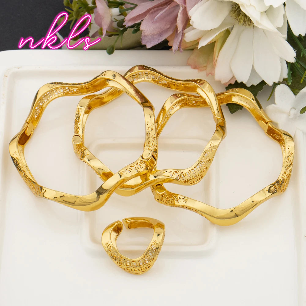 18K Gold Plated Brass Luxury Cuff Bangle & Ring Set, Saudi Vintage Wedding Jewelry for Women, Elegant Jewelry Women Set
