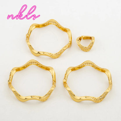 18K Gold Plated Brass Luxury Cuff Bangle & Ring Set, Saudi Vintage Wedding Jewelry for Women, Elegant Jewelry Women Set