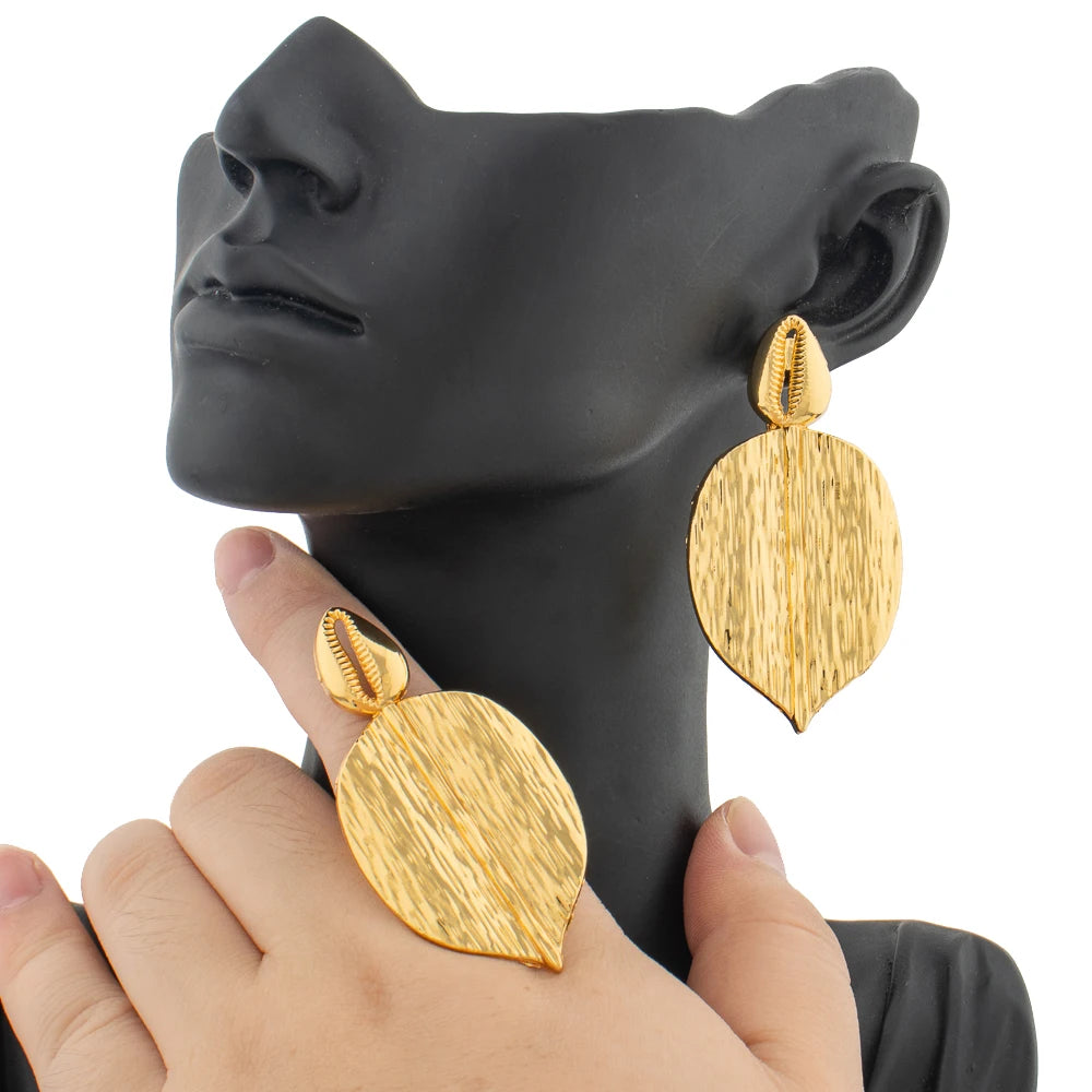 Women's Large Design Fashion Jewelry Set Daily Wear Earrings And Finger Ring 2Pcs African Wedding Ear Accessories