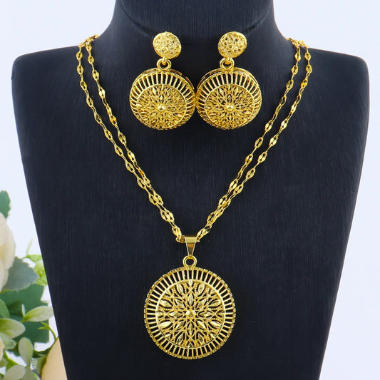 Gold Color Light Luxury Big Round Necklace Earrings Set for Women Tassels Gold Plated Jewelry Party Wedding Gift Accessoires