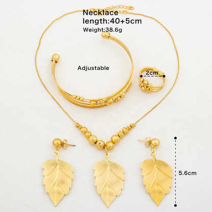 Nigerian Gold Color Jewelry Set for Ladies Leaf Design Pendant Necklace and Drop Earrings Elegant Cuff Bangle Ring Set Jewelry