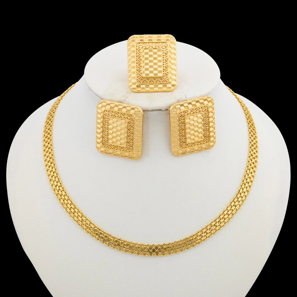 Luxury Gold Color Jewelry Set for Party African Square Design Earrings and Necklace Weddings Bride Jewellery Accessories Gifts