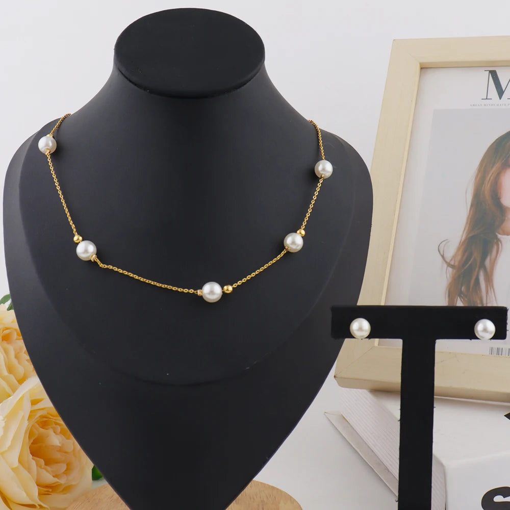 Dainty Luxury  Stainless Steel Imitation Pearl Necklace for Women Summer Beach Accessories for daily and party wear