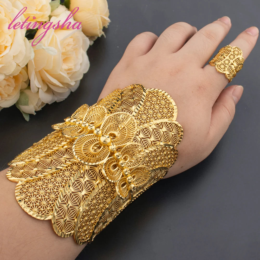 African New Design Big Bracelet Rings Luxury Large Cuff Bangle for Women Dubai Gold Color Jewelry Set Weddings Bridal Jewellery