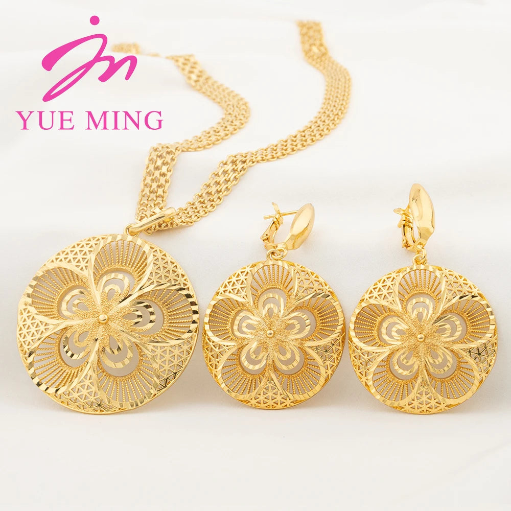 YM Gold Color Jewelry Set for Women African Flower Shape Dubai Copper Earrings Necklace Round Hollow Pendant Jewelry Accessories