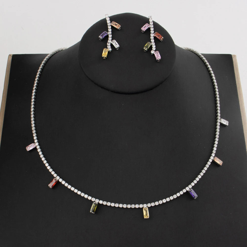Woman Gold Color Earrings Necklace Italy Bohemia Style Jewelry Set France Elegant Square Zircon Jewelry Set For Party Dating