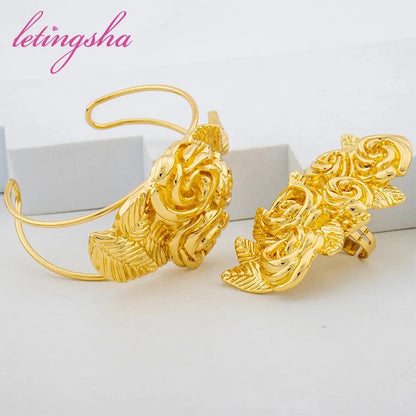 Luxury Noble Gold Plated Necklace Earring Ring Bracelet Set for Women Complex Design Jewelry Set Gift for Party Wedding