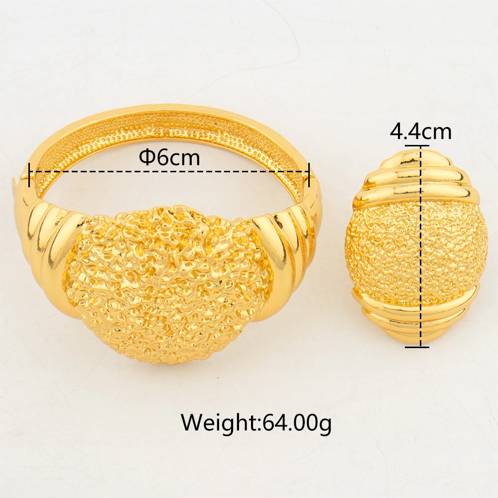 Fashion Round Style Bracelet with Ring Set Woman Dubai 18K Gold Color Jewelry Set Round Bangle Party Banquet Jewellery