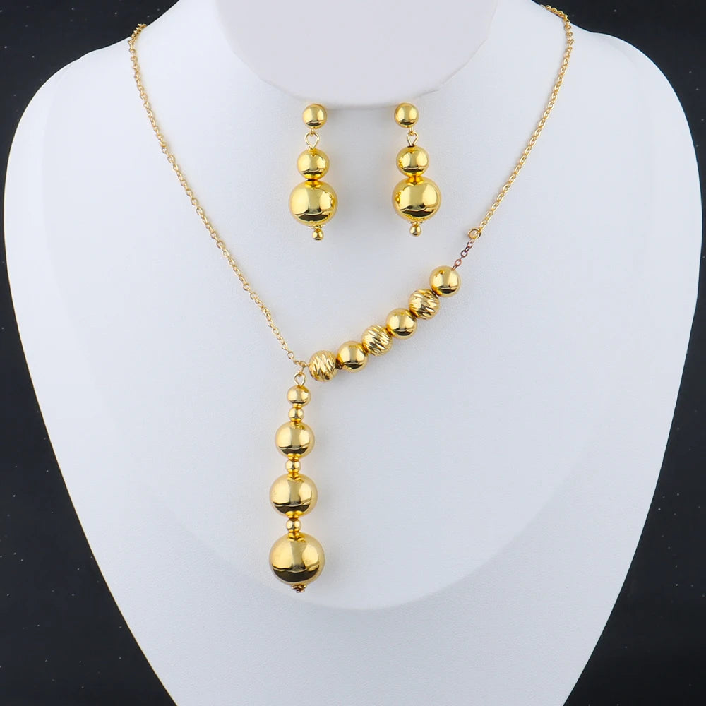Italy French Gold Plated Round bead Necklace Earrings 3pcs Set for Women Bride Smooth Gold Color Jewelry Gift for Party Wedding