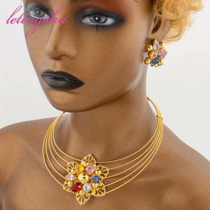 African Luxury Gold Color Jewelry Set for Women Colorful Zircon Inlay Necklace Clip Earrings Cuff Bangle Ring Set Weddings Party