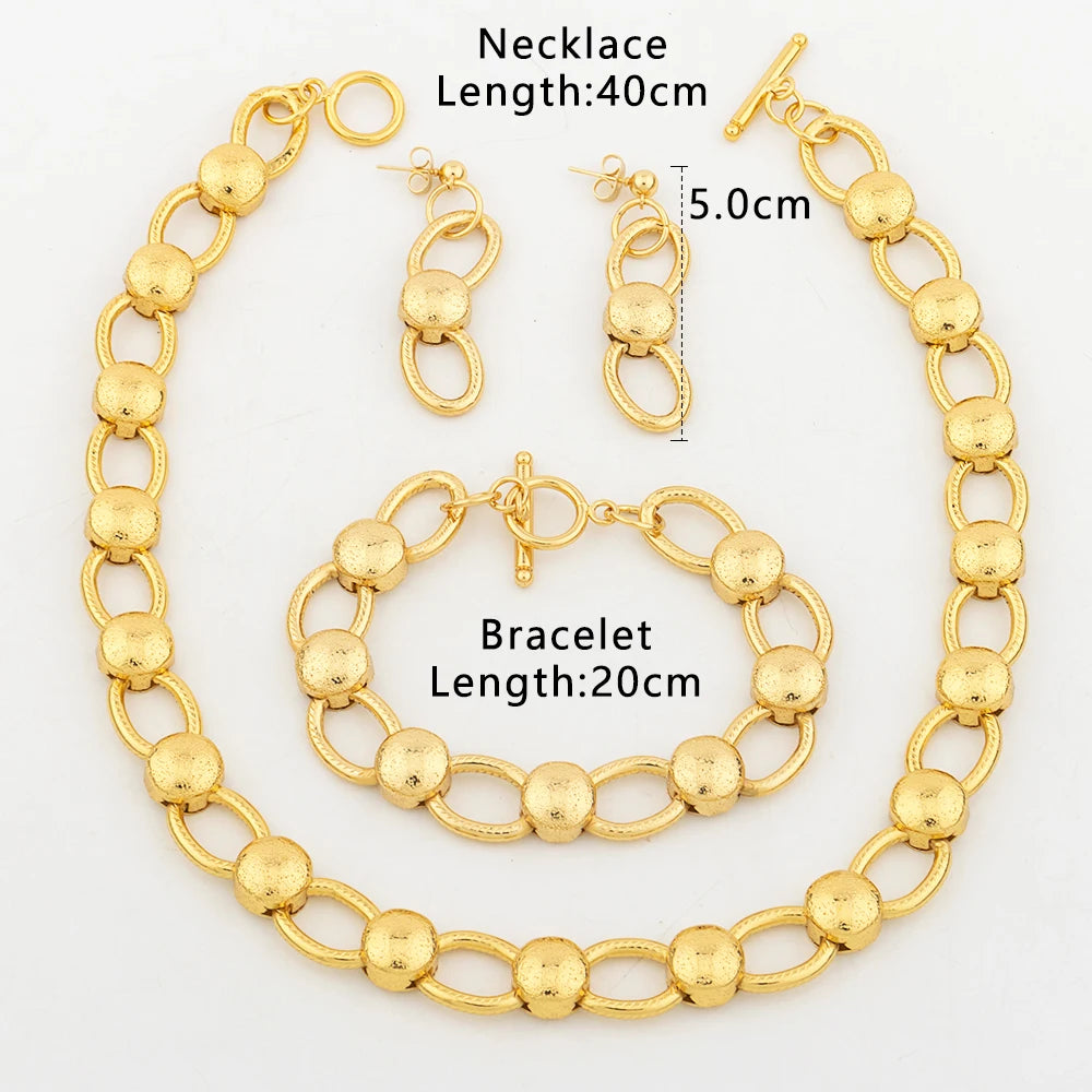 Fashion Round Beads Necklace Set Dubai 18k Gold Plated Drop Earrings Women Charm Bracelet Banquet Festive Jewelry Accessories